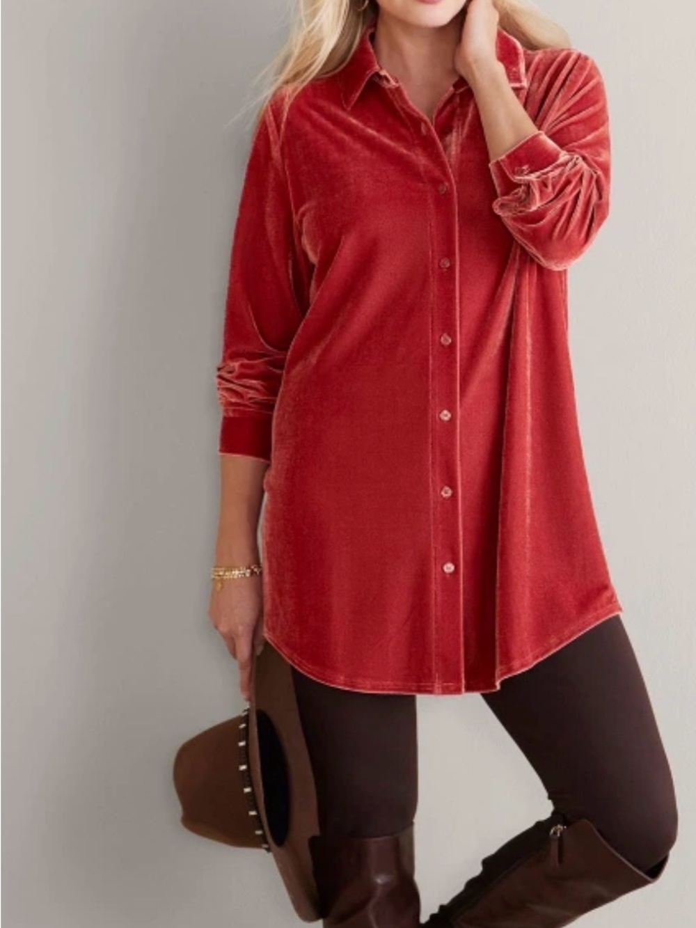 Soft Surroundings Red Velvet Button Front Tunic Shirt Top Large